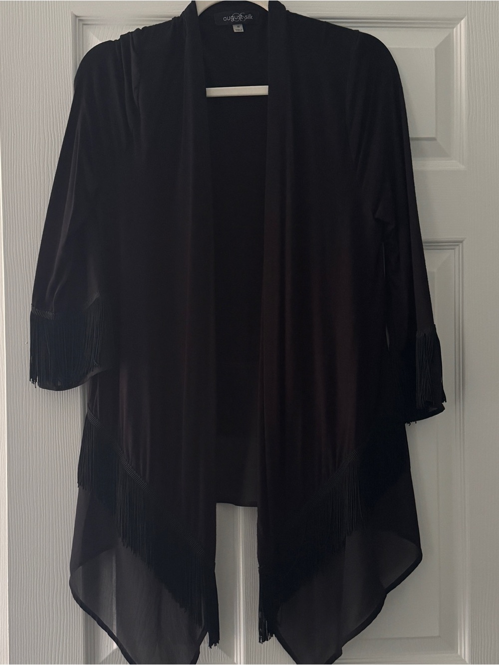 August Silk Black Open-Front Cardigan with Fringe Trim